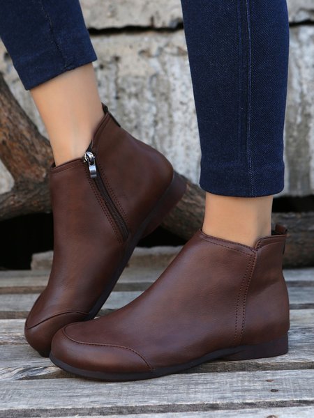 

Vintage Plain Zip-Up Booties, Brown, Boots