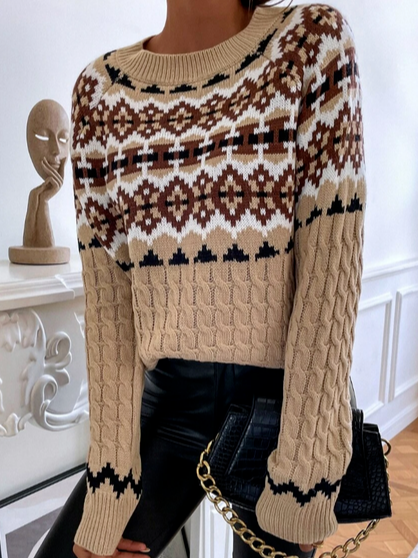 

Crew Neck Geometric Boho Sweater, Khaki, Sweaters