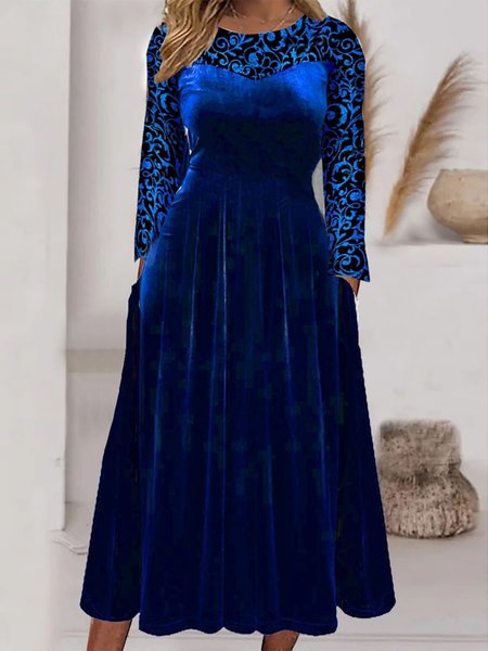 

Regular Fit Crew Neck Velvet Lace Party Dress, Blue, Midi Dresses