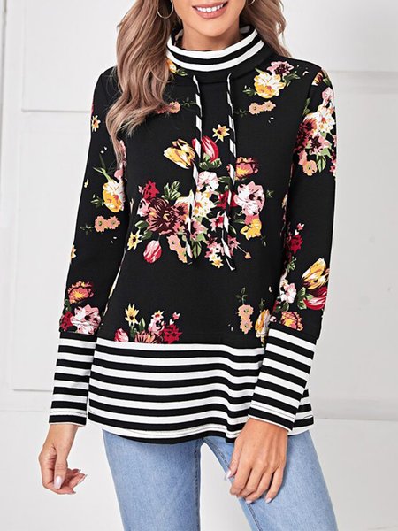 

Casual Floral Turtleneck T-Shirt, Black, T-Shirts