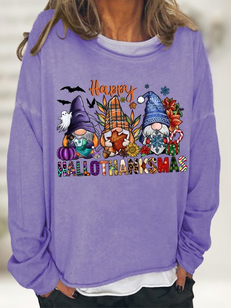 

Women's Happy Hallo Thanks Mas Funny Gnome Christmas Graphic Print Casual Loose Sweatshirt, Light purple, Hoodies&Sweatshirts
