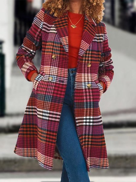 

Red Plaid Woolen Lapel Collar Overcoat, Outerwear