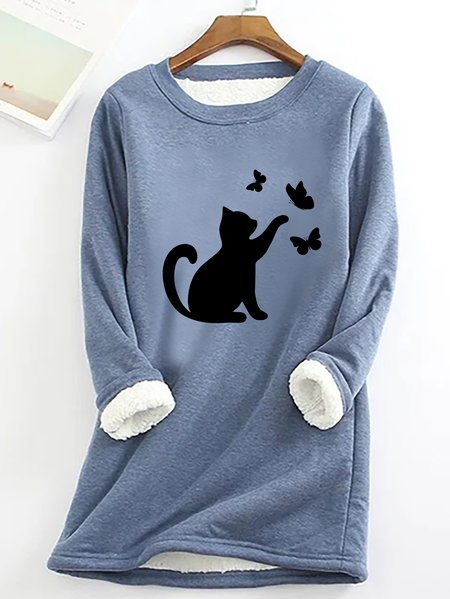 

Women Black Cat Simple Warmth Fleece Sweatshirt, Blue, Hoodies&Sweatshirts