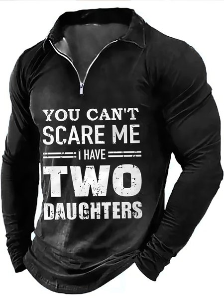 

Mens You Can't Scare Me I Have Two Daughters Funny Graphic Print Casual Regular Fit Polo Shirt, Black, Long Sleeves