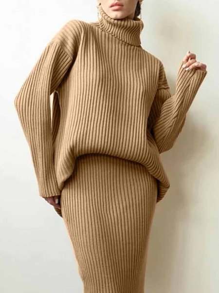 

Daily Long sleeve Turtleneck Simple Plain Sweater, Khaki, Pullovers