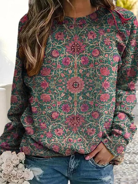 

Casual Long Sleeve Crew Neck Ethnic Loose Sweatshirt, Red, Sweatshirts & Hoodies