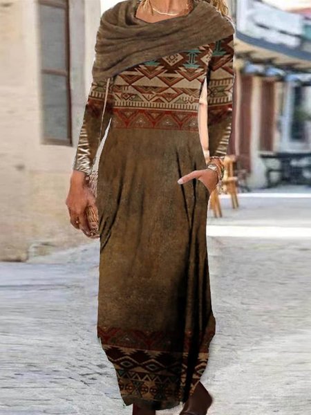 

Ethnic Boat Neck Regular Fit Dress, Brown, Dresses