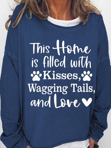 

Women This Home Is Filled With Kisses Wagging Tails And Love Dog Lover Simple Crew Neck Text Letters Sweatshirt, Dark blue, Hoodies&Sweatshirts