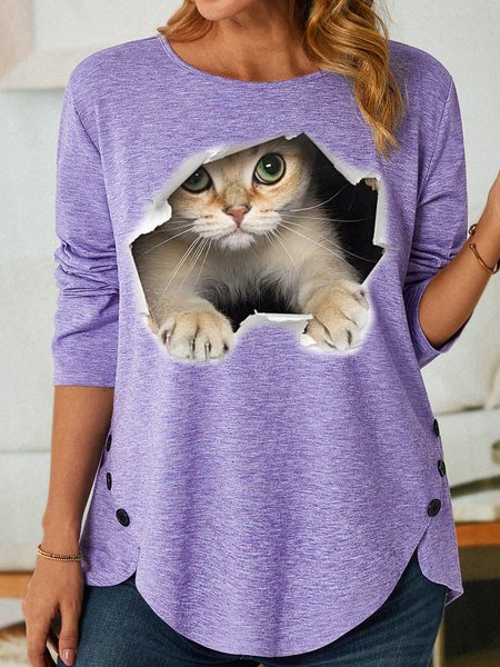 Women's 3D Cat Funny Print Top, Purple, Long sleeves