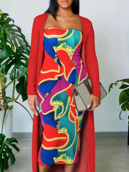 

Elegant Sleeveless Abstract Tight Midi Dress, Multicolor, Midi Dresses