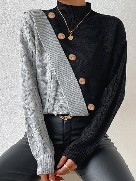 

Regular Fit Wool/Knitting Color Block Sweater, Black, Sweaters