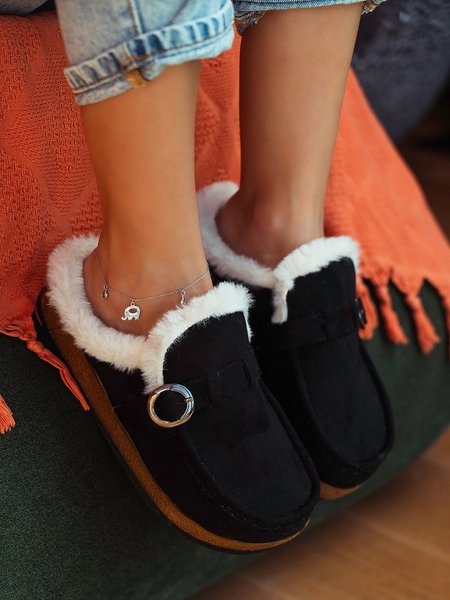 

Plus Size Plain Buckle Furry Lined Flat Slippers, Black, Flats