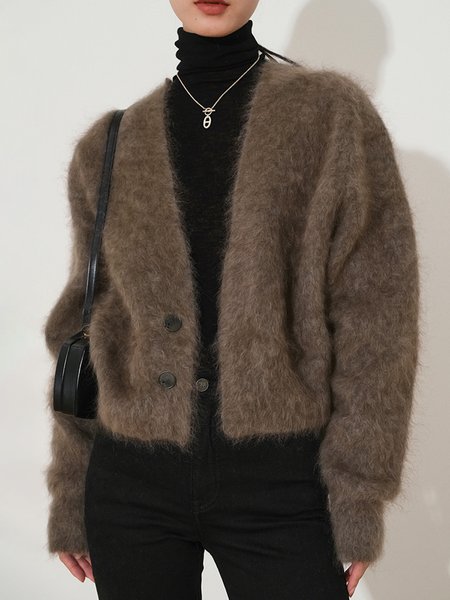 

Long sleeve Loose V Neck Sweater Coat, Deep brown, Cardigans