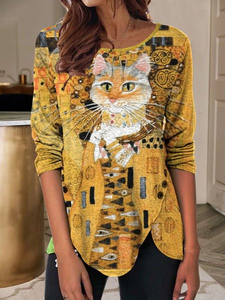 

Funny Cat Illustration Crew Neck Knitted Top, Yellow, Tops