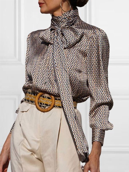 

Geometric Elegant Long Sleeve Regular Fit Blouse, Black, Blouses and Shirts