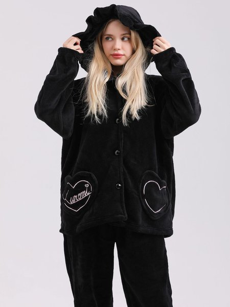

Warm Flannel Heart Pocket Loungewear Robe Hooded Long Sleeve Trousers Pajama Set Plus Size, Color2, Loungewear & Sleepwear