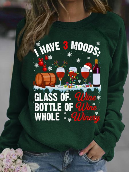 

Womens Christmas Funny Alcohol Letter I Have 3 Mood Crew Neck Casual Sweatshirt, Green, Hoodies&Sweatshirts