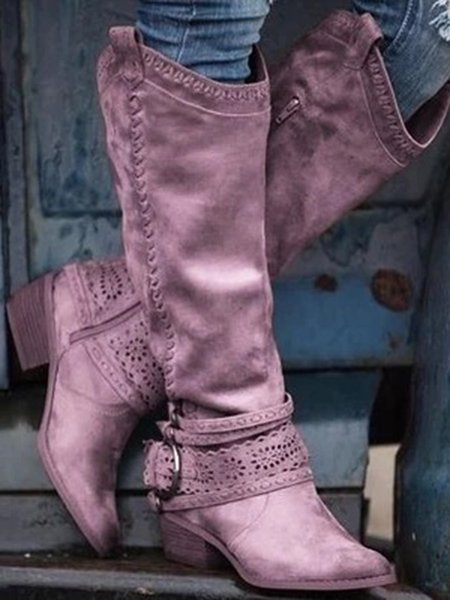 

Light Khaki Suede Hollow-Out Casual Low Heel Spring/fall Cowboy Boot, Pink, Boots