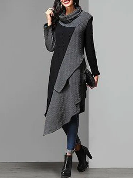

Loose Turtleneck Color Block Dress, Black-grey, Maxi Dresses