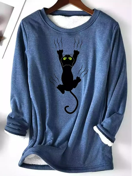 

Cute Cat Crew Neck Fluff/Granular Fleece Fabric Casual Sweatshirt, Blue, Clothing