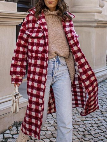 

Red Woolen Plaid Oversize Overcoat, Outerwear