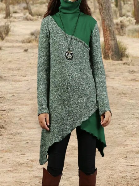 

Casual Color Block Turtleneck Dress, Green, Mini Dresses