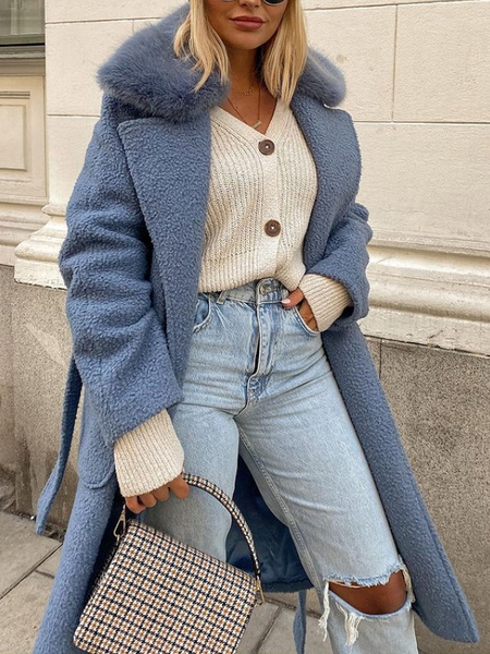 

Faux Fur Collar Loose Overcoat, Aqua blue, Coats