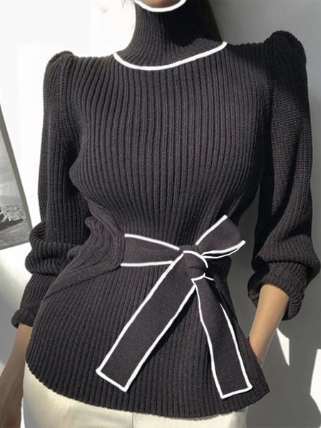 

Turtleneck Elegant Long Sleeve Color Block Sweater, Black, Pullovers