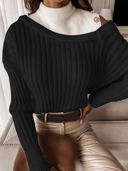 

High Elasticity Loose Urban Stand Collar Long sleeve Color Block Sweater, Black-white, Pullovers