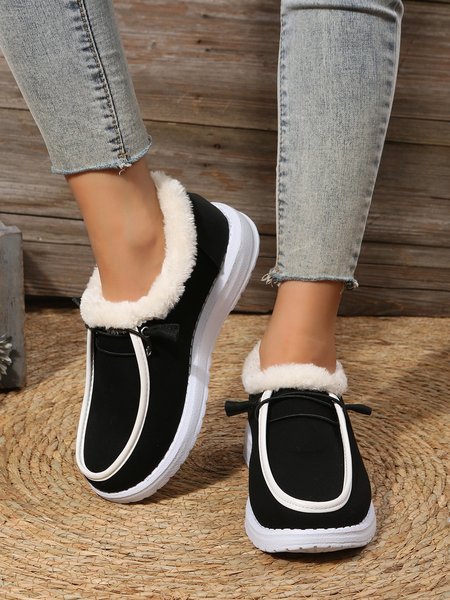 

Plus Size Casual Split Joint Furry Lined Canvas Flat Boat Shoes, Black, Flats