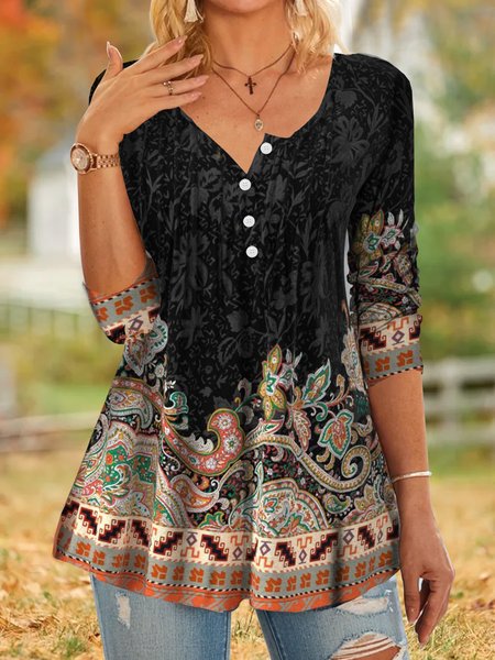 

Tuck Stitch Paisley Print Long Sleeve T Shirt, Multicolor, Tops