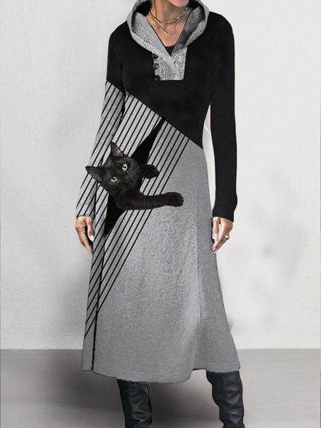 

Loose Geometric Casual Hoodie Cat Color Block Dress, Multicolor, Dresses