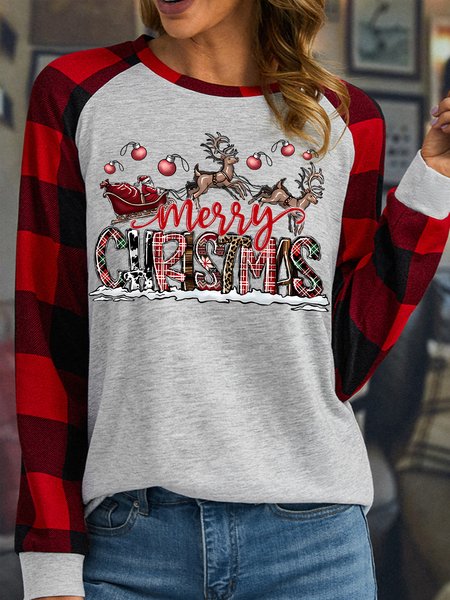 

Women's Merry Christmas Elk Santa Funny Buffalo Plaid Graphic Print Merry Christmas Loose Crew Neck Top, White, Long sleeves