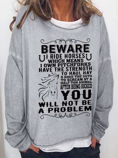 

Women's Beware I Ride Horses Which Means I Own Pitchforks Simple Sweatshirt, Gray, Hoodies&Sweatshirts