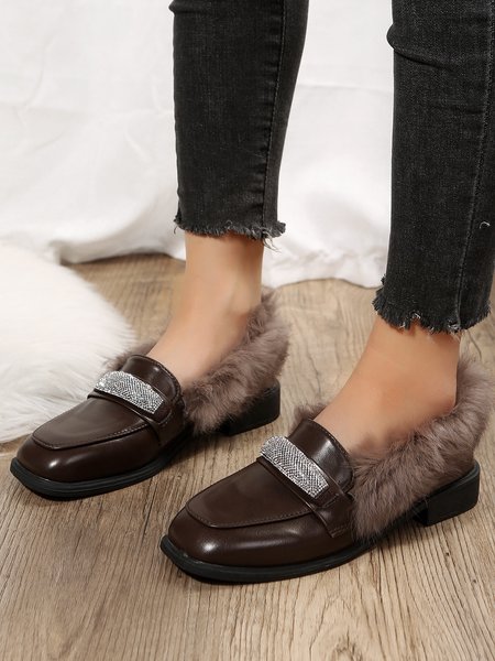 

Warm Plush Rhinestone Chunky Heel Loafers, Deep brown, Flats