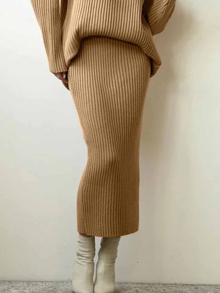 

High Waist Midi Daily Regular Fit Plain Skirt, Khaki, Sweaters