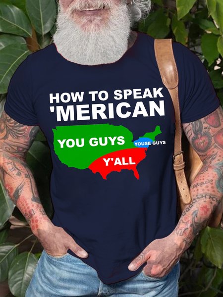 

Men's How To Speak Meerican Funny Graphic Print Cotton Crew Neck Text Letters T-Shirt, Purplish blue, T-shirts