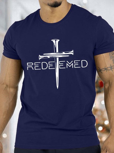 

Men's Redeemeo Cross Funny Graphic Print Text Letters Cotton Casual T-Shirt, Purplish blue, T-shirts