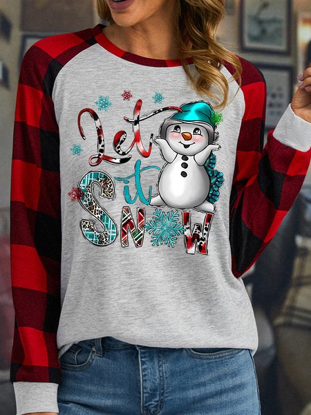 

Women's Let It Snow Funny Buffalo Plaid Graphic Print Merry Christmas Loose Crew Neck Top, White, Long sleeves