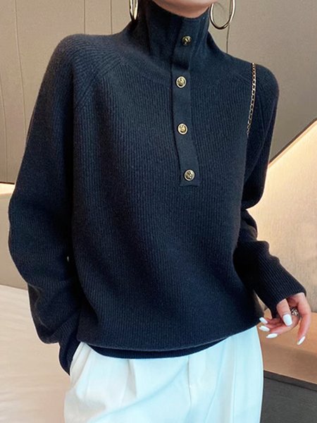 

Urban Turtleneck Buttoned Plain Sweater, Deep blue, Pullovers