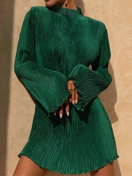 

Long sleeve Half Turtleneck Elegant Regular Fit Dress, Green, Mini Dresses