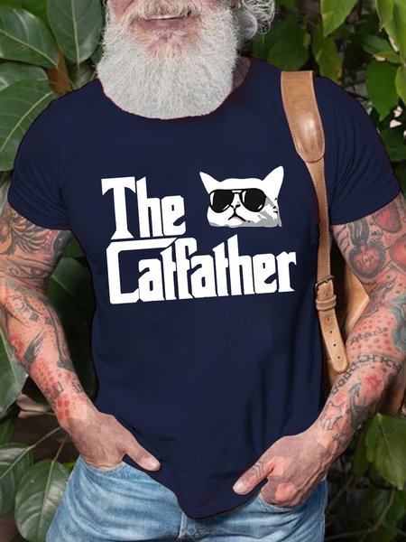 

Men's The Cat Father Black Cat Funny Graphic Print Text Letters Cotton T-Shirt, Purplish blue, T-shirts