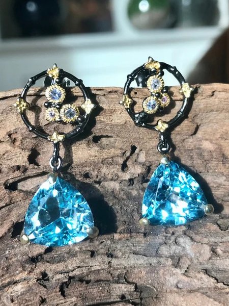 

Vintage Blue Gemstone Distressed Floral Earrings Ethnic Jewelry, Earrings