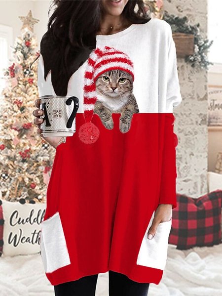 

Christmas Cap's Cat Casual Color Block Dress, White-red, Dresses