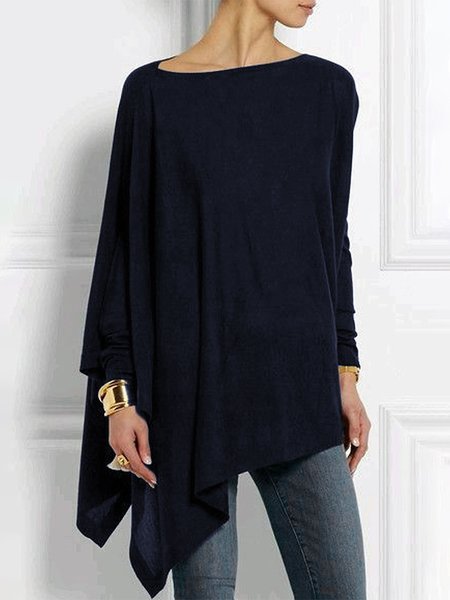 

Long sleeve Crew Neck Simple Blouse, Dark blue, Blouses and Shirts