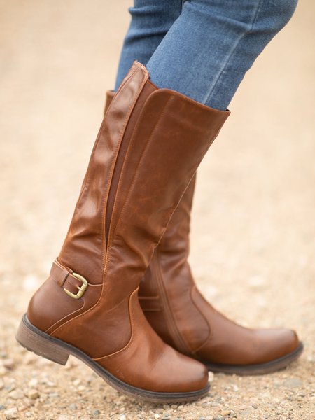 

Vintage Split Joint Tall Riding Boots with Side Buckle, Brown, Boots