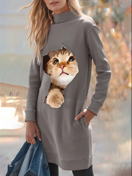 

Cat Half Turtleneck Jersey Dress, Gray, Mini Dresses