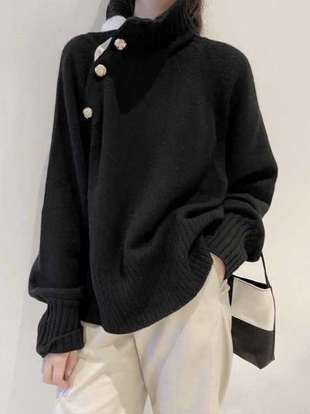 

Color Block Daily Simple Shawl Collar Long sleeve Sweater, Black, Pullovers