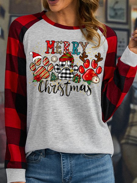 

Women's Merry Christmas Funny Buffalo Plaid Graphic Print Loose Crew Neck Top, White, Long sleeves