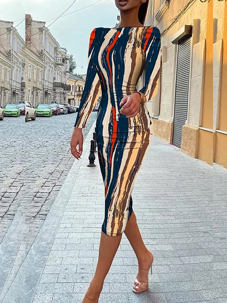 

High Elasticity Tight Geometric Crew Neck Long sleeve Dress, Multicolor, Midi Dresses